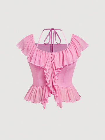 Plus Size Pink Halter Neck Top With Ruffle Trim Summer