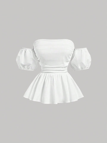 Women White Off-Shoulder Vacation Blouse With Front Pleated Puff Sleeves And Wide Ruffled Hem Peplum Top