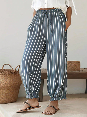 Women's Fashionable Vertical Striped Waist Drawstring Long Pants