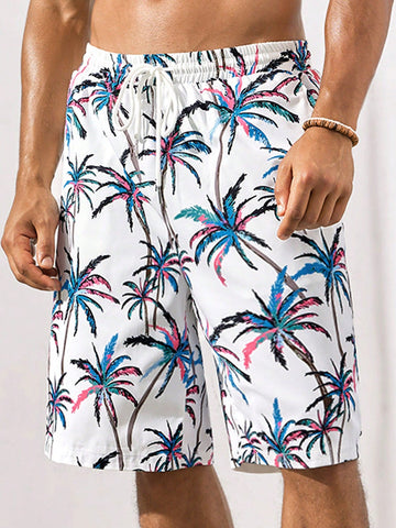 Men Lightweight Breathable Woven Beach Shorts With Coconut Tree And Botanical Pattern For Casual And Vacation Outfits
