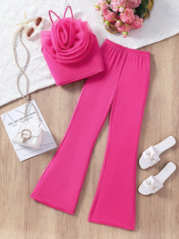 Teen Girl 2pcs/Set 3D Flower Halter Cropped Top And Bell Bottoms Casual Outfit