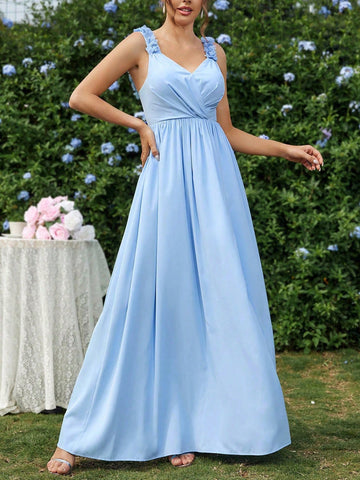 Elegant Simple Atmosphere Light Blue Halter 3D Floral Shoulder Decoration V-Neck Chest Pleated Bust Cup High Waist Skinny Flowing Chiffon A Swing Bridesmaid Dresses Dating Wedding Event Parent-Child Bridesmaid Dresses