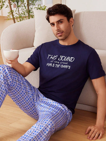 Men's Letter Printed Short Sleeve Top And Plaid Pants Set, Homewear