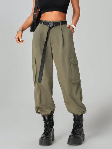 Women Slim Fit Casual Pocket Cargo Pants With Waist Belt