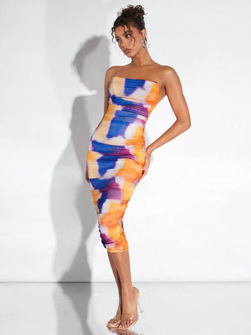 Women Summer Tie-Dye Printed Strapless Slim-Fit Long Fashion Dress