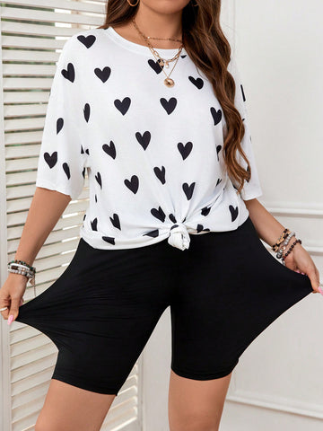 Black-And-White Heart Pattern Loose Comfortable T-Shirt With Stretchy Slim Fit 5/7 Length Leggings Casual Plus-Size 2-Piece Set