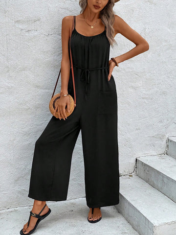 Women Fashionable Loose Wide Leg Jumpsuit With Suspenders For Summer