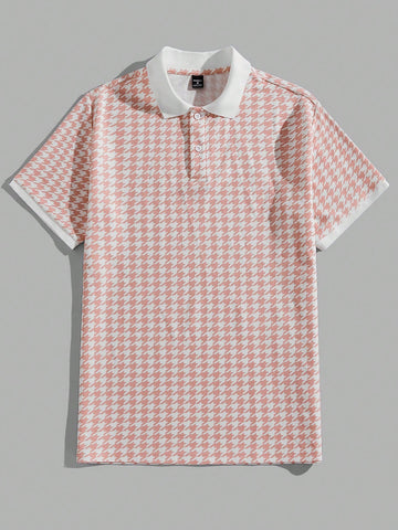 Men Summer Casual Knit Short Sleeve Polo Shirt With Houndstooth Pattern