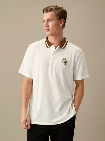 Men Loose Fit Stretchy Short Sleeve Knit Polo Shirt With Letter Print And Casual Style