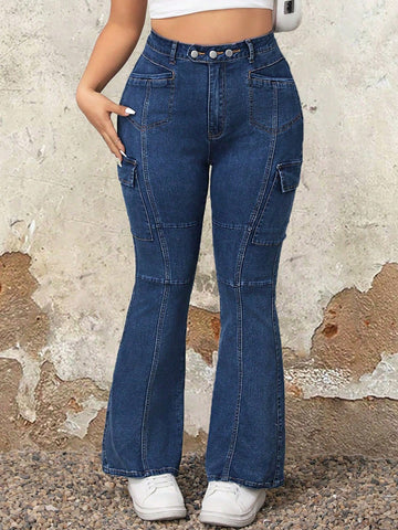 Plus Size Women Casual Jeans With Pocket And Workwear Design