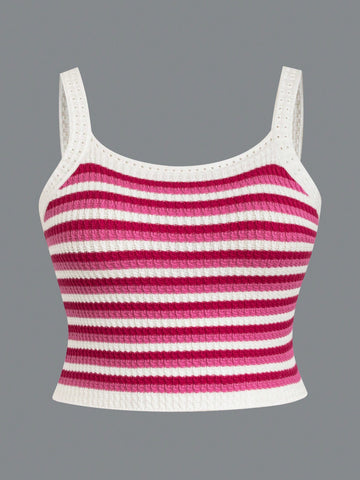 Plus Size Women Striped Knit Tank Top For Summer Casual Wear