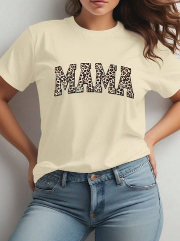Mother Day Plus Size Leopard Print English Letter Printed Round Neck Short Sleeve T-Shirt Casual