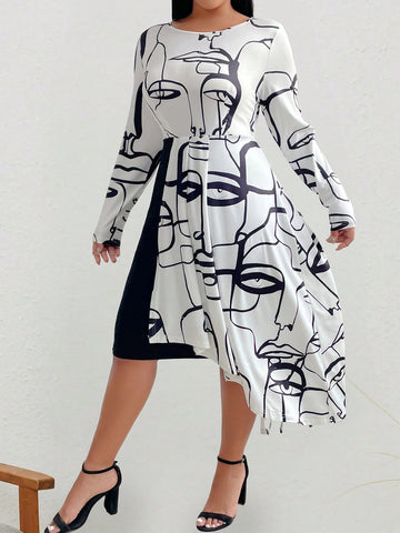 Plus Size Spring/Summer Casual Asymmetric Hem Abstract Figure Print Splice Waist-Tie Dress