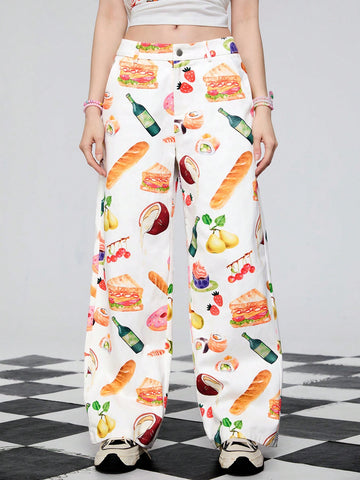 Women Fashionable Food Print Wide Leg Loose Pants For Summer
