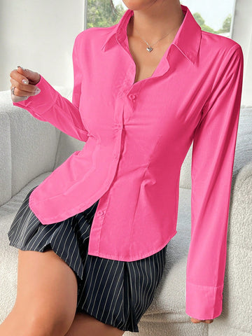 Spring Casual Solid Color Waist-Tie Long Sleeve Shirt