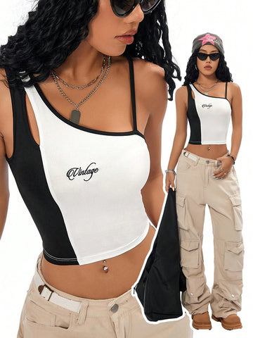 Color Blocking Asymmetrical Hollow Out Embroidered Letter Camisole Top, Ideal For Street Style Spring And Summer Outfits