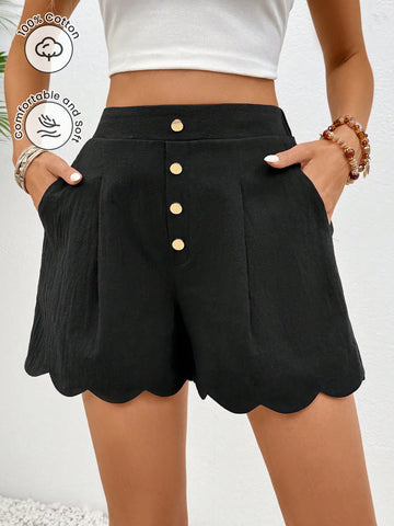 Women's Summer Fashion Casual Button Pleated Shorts With Scalloped Hem, Black Shorts, Made Of 100% Cotton, High-Waisted Shorts, Linen Shorts, Gold Decorative Buttons With Wavy Hem Shorts