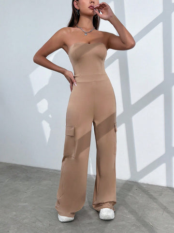 Ladies' Summer Solid Flap Pocket Jumpsuit Chic Industrial Style
