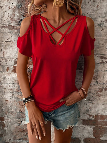 Open Shoulder Short Sleeve Solid Color T-Shirt For Vacation And Leisure