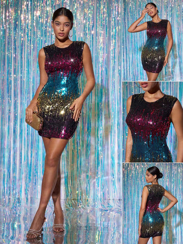 Fashionable Gradient Color Glitter Round Neck Sleeveless Vest Top And Bodycon Skirt, Suitable For Parties And Clubs