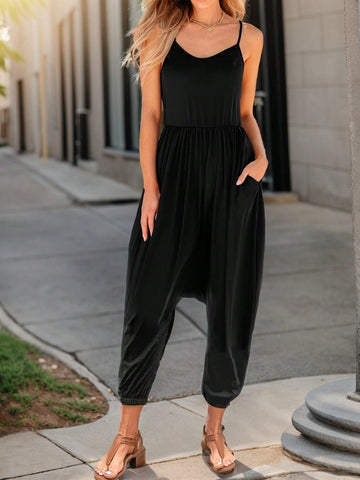 Solid Color Casual Jumpsuit With Spaghetti Straps