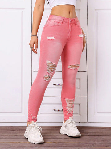 Women Fashionable Ripped And Versatile Jeans