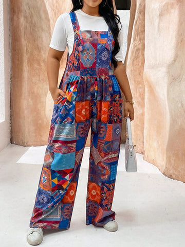 Plus Size Women Loose Fit Wide Leg Jumpsuit With Patchwork Print And Pockets, Perfect For Vacation