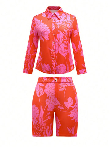 Plus Size Spring Summer Casual Floral Print Long Sleeve Shirt And Shorts Two-Piece Set