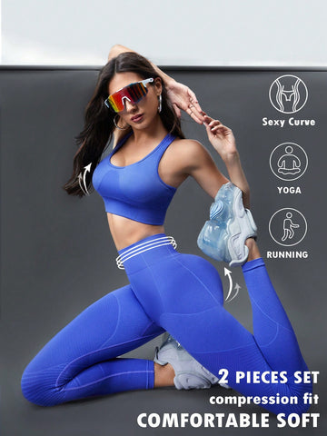 Dynamic Blue Line Seamless Middle Support Racerback Push Up Sports Bra&Leggings Set 2pics Women Sport Sets, Functional Workout Tops&Leggings,Summer Crop Tops Running Bicycle,Gym Daily Matching,High Waisted Leggings