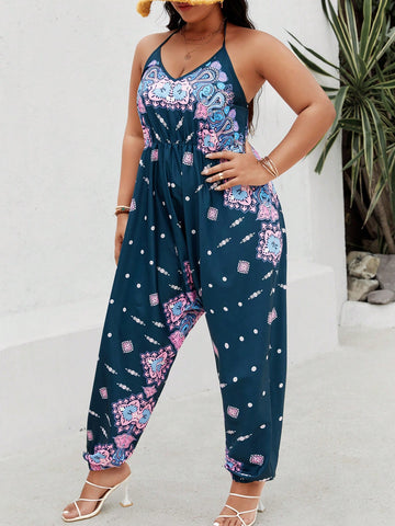 Plus Size Women Casual Vacation Jumpsuit With Floral Print, Neck Strap And Tie Waist For Summer