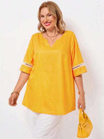 Plus Size Women's Polka Dot Printed Lace Patchwork Notched Neck Ripe Elegant  Yellow And White Mom Shirts With Notched Collar