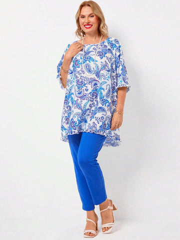 Plus Size Women's Peas Pattern Printed Shirt And Blue Long Pants Two-Piece Ripe Elegant Mom Two-Piece Set