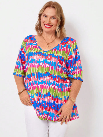 Plus Size Women's Ripe Elegant Colorful Printed Tie-Dye Short Sleeve Mom T-Shirt