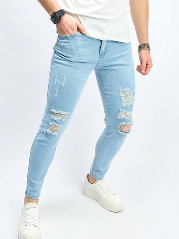 Men Slim Fit Casual Jeans With Pocket And Distressed Holes