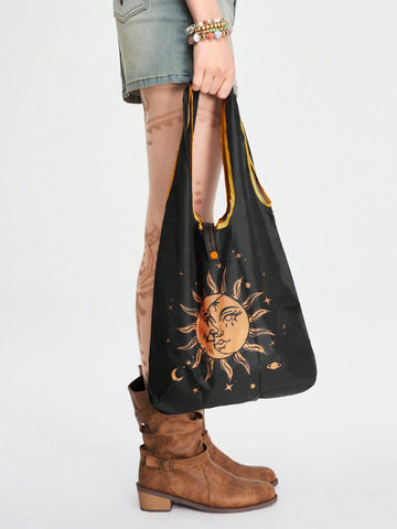 Large Capacity Foldable Tote Bag 436114 With Dark Moon Goddess Design, Portable For Storage And Shopping