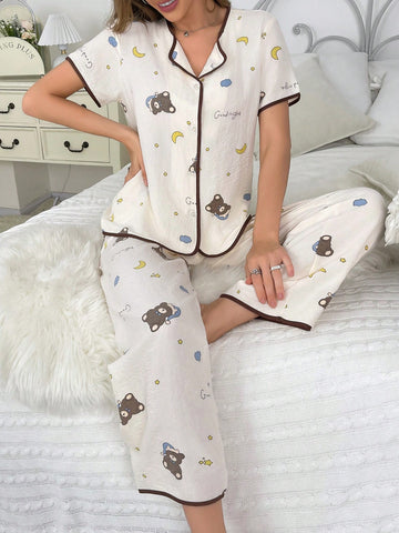 Ladies Pajamas Set, Short-Sleeve Single-Breasted Top And Long Pants, Cute Bear And Stars Print