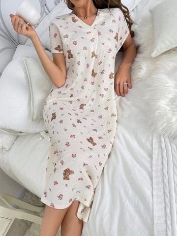 Women Cute Bear & Small Flower Print Short Sleeve Sleepwear Dress