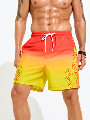 Men Casual Flame Print Ombre Beach Shorts For Vacation