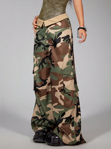 2024 Summer Women Street Fashion Vintage Loose Wide Leg Pants Camouflage Fold-Over Waistband Long Trousers
