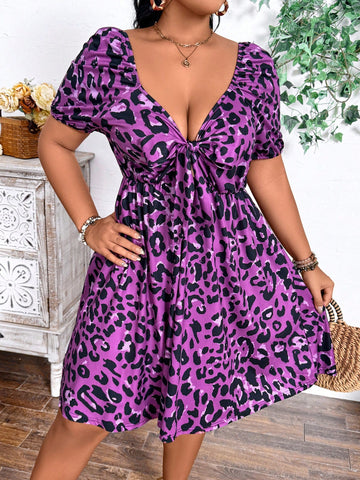 Plus Size Women Summer Vacation Style Leopard Print Tie Front Cap Sleeve Elegant Dress With Raglan Sleeve