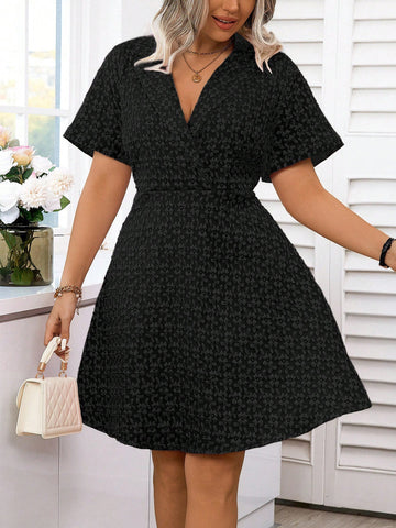 Plus Size Women Floral Jacquard Patchwork Round Neck Short Sleeve Elegant And Fashionable Dress For Summer