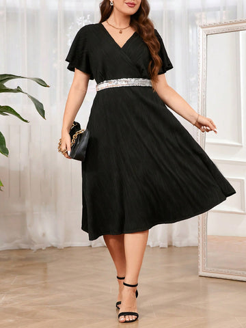 Elegant Waist-Tied Plus Size Sequin Dress