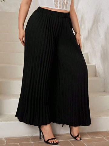 Elegant Plus Size Black Pleated Loose Pants For Summer, Suitable For Travel, Daily Wear, And Office