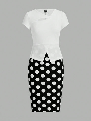 Women Elegant Pure Color Hollow Out Split Short Sleeve Shirt Polka Dot Printed Skirt Two-Piece Set For Spring/Summer