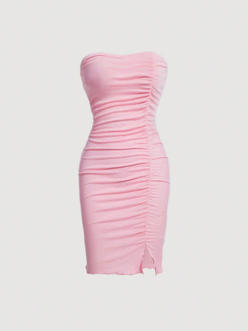 Strapless Asymmetrical Wrap Pleated High Side Slit Short Dress