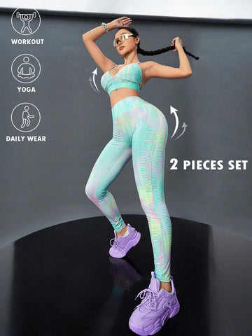 Summer High Elasticity 3D Effect Pink & Green Geometric Printed Sports Push Up & Crisscross Back Bra,  Leggings 2 Piece Set