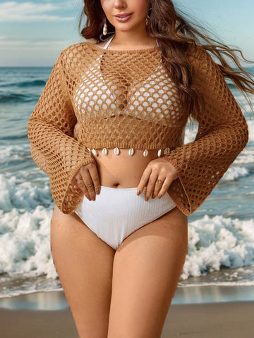Plus Size Women's Hollow Out Cropped Cover Up With Shell Decoration
