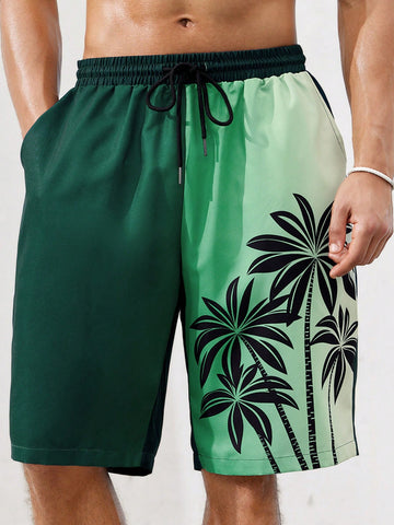 Men Lightweight Breathable Woven Beach Shorts With Coconut Tree Pattern And Gradient Color, Suitable For Casual Occasions And Surfing
