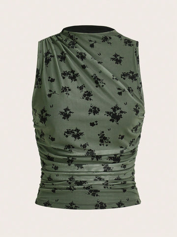 Casual Ladies Floral Print Stand Collar Ruched Green Tank Top For Summer