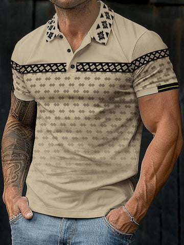 Men Summer Geometric Printed Short Sleeve Casual Polo Shirt For Commuting